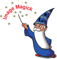 A wizard waving his wand, generating sparkles and the text 'Image Magick'