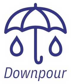 Alt=Downpour logo. Line drawing of an umbrella with a large raindrop falling from each side, and 'Downpour' written in italics underneath.