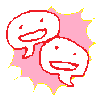 Gamemaking.social logo. Crudely drawn. Two anthropomorphic speech bubbles in front of a pink explosion