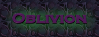 Oblivion logo. Bold, serif, purple text with a green glow, on a swurly grey background.