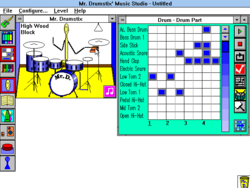 Screenshot. The main feature is Mr Drumstix, an anthropomorphic drumstick, who plays drums along to the music.